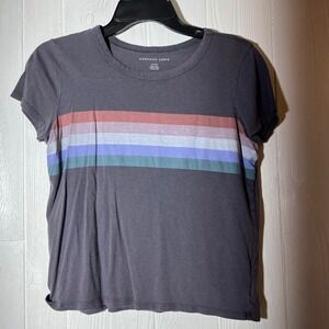 American Eagle Womens Gray Striped Short Sleeve T-Shirt Retro Crew Neck Small
